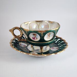 Vintage Royal Sealy Cameo Lady Green & Gold 3 Footed  Teacup & Saucer